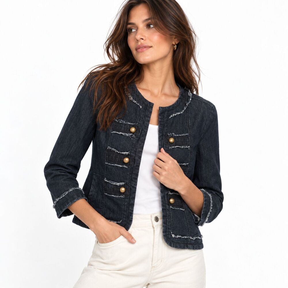 Baccini Womens Dark Wash Denim Jacket Small Military Frayed Trim Hook Front Y2K